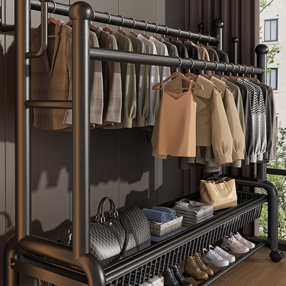 Portable Multi-Functional Bedroom Double Rods Garment Rack, Freestanding Metal Clothing Hanger Rack with Storage Shelf and Hanging Hooks, for Coats, Shirts, Dress