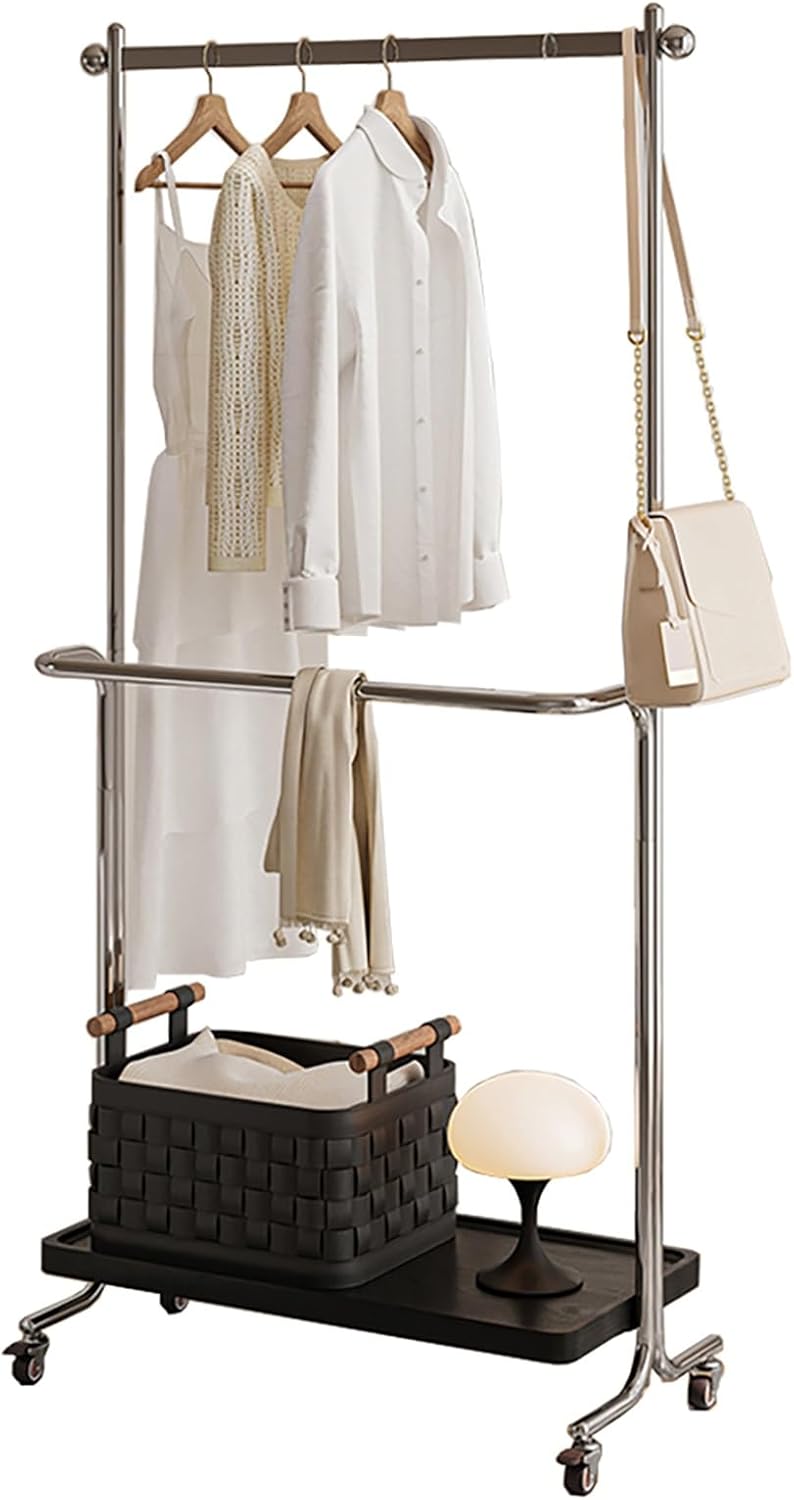 Double-Rod Stainless Steel Garment Rack,Clothes Racks With 4 Wheels,Portable,Solid Wood Shelf At Bottom,Can Hang Coats,Dresses,Shirts,Bags,Scarves(60cm/23.6in)