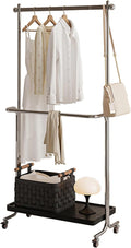 Double-Rod Stainless Steel Garment Rack,Clothes Racks With 4 Wheels,Portable,Solid Wood Shelf At Bottom,Can Hang Coats,Dresses,Shirts,Bags,Scarves(60cm/23.6in)