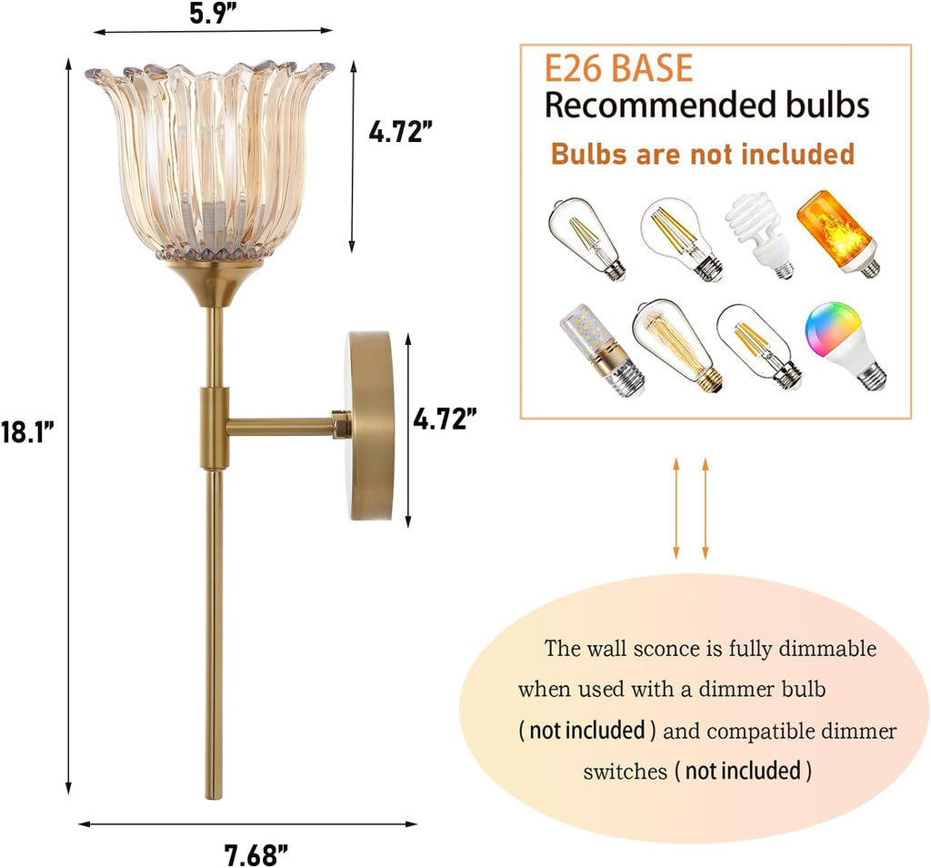BYOLIIMA Gold Wall Sconce Set of 2 with Amber Glass Shades Modern Mid Century Bathroom Vanity Wall Light Fixtures Industrial Brushed Brass Wall Lamp for Bedroom Mirror Living Room Restaurant