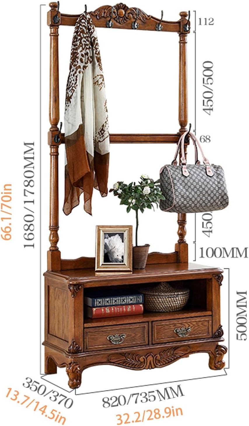 Solid Garment Racks, Clothes Rack, with Drawers and A Shelf, Floor Coat Rack Retro Wooden Floor-standing, Clothing Rack Bedroom for Hanging Shirts, Jackets