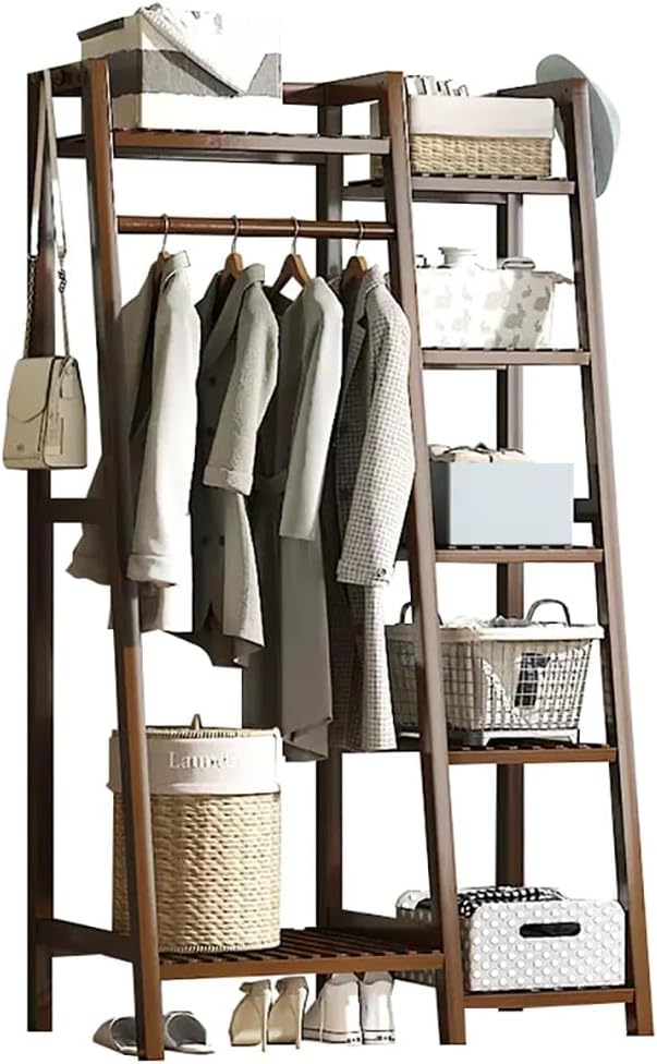 Bamboo Freestanding Coat Rack with Top Shelf and Shoe Rack Wardrobe Closet nizer for Bedroom Hallway