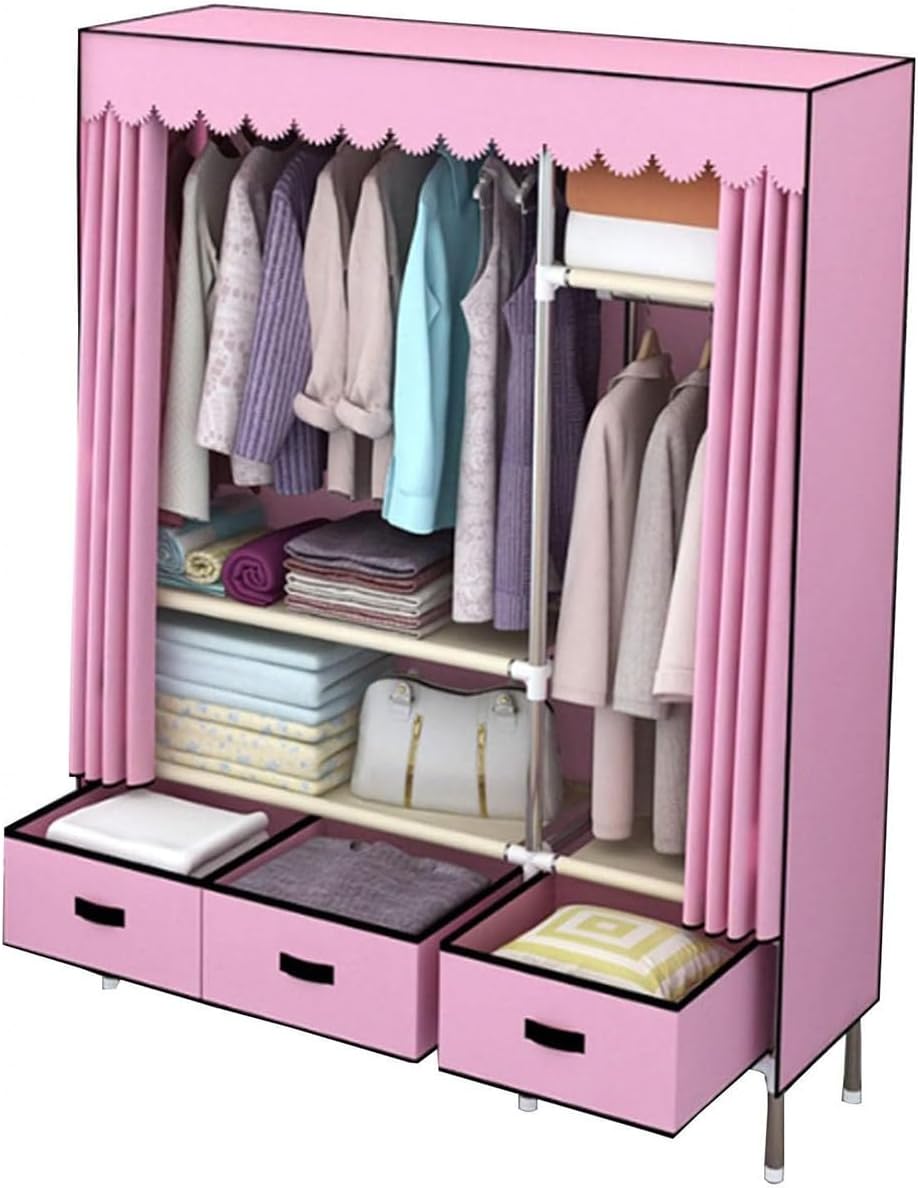 Garment Rack Heavy Duty Clothes Rack With Cover Freestanding Metal Clothing Rack Portable Closet Wardrobe With 2 Hanging Rods And 3 Drawers For Bedroom (Color : Pink, Size : 125x45x168cm)