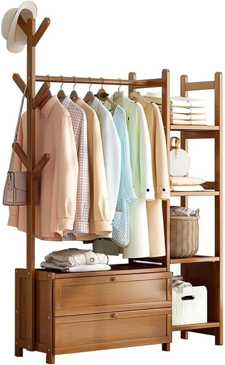 Bamboo Coat Rack with Double Drawer Storage 4 Shelves and Multi Functional Clothing Rails Freestanding Garment Rack for Bedroom nization Walnut Color Size: XXL
