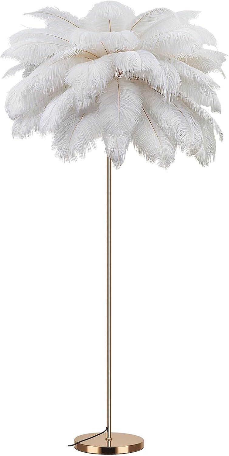 Feather Floor Lamp for Living Room, Fluffy Ostrich Feathers Lamp, Rose Gold Color Body, 3 Color Temperatures Modern Funky Arc Tall Standing Lamp for Bedroom Inclued Bright LED Bulbs (White)
