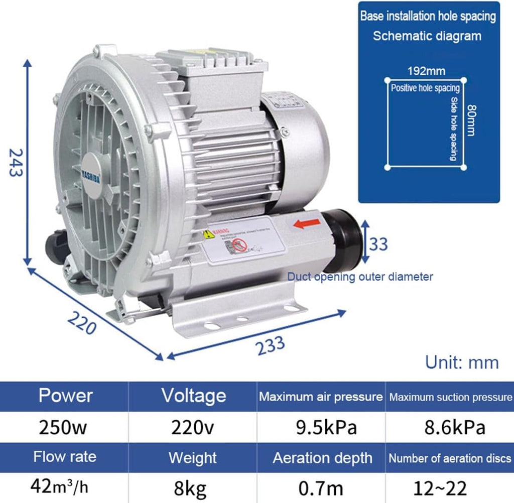 Regenerative Blower, High Pressure Vortex Ring Blower, Industrial Vacuum Pump, Fish Pond Aerator, 110V, 120W to 550W (250W)