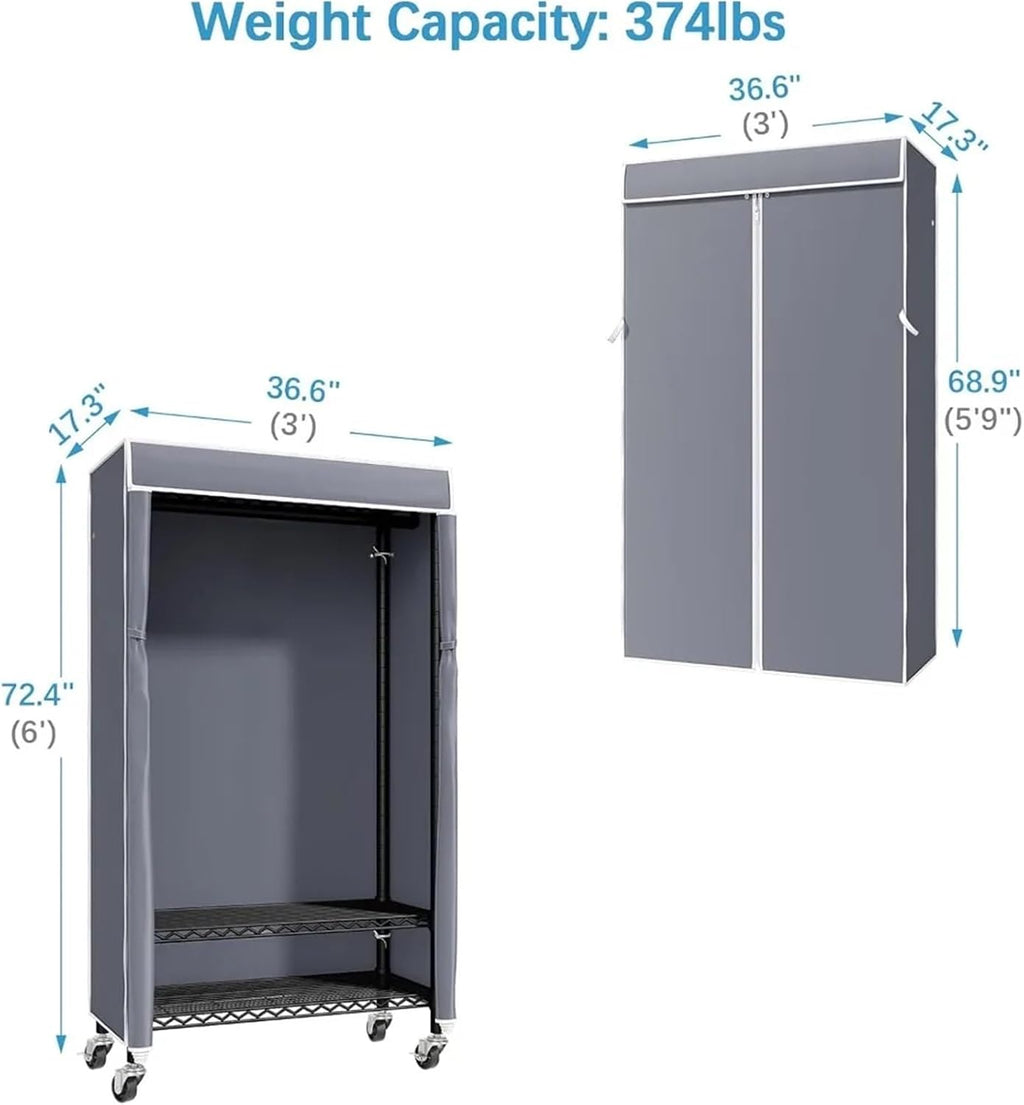 Wardrobe Closet Rolling Clothes Rack with Cover Portable Closet for Hanging, Heavy Duty Garment Freestanding(Color 2)