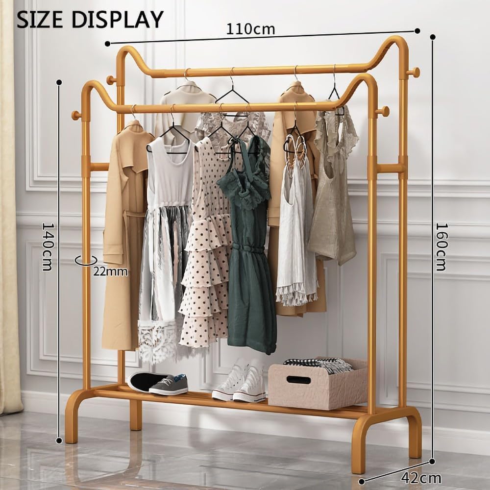 Clothes Rack Freestanding Double-Rail Garment Rack Multifunctional Bedroom,Minimalist Metal for Hanging Garment,Coat Rail with Bottom Rack for Coats, Skirts, Shirts, Sweaters