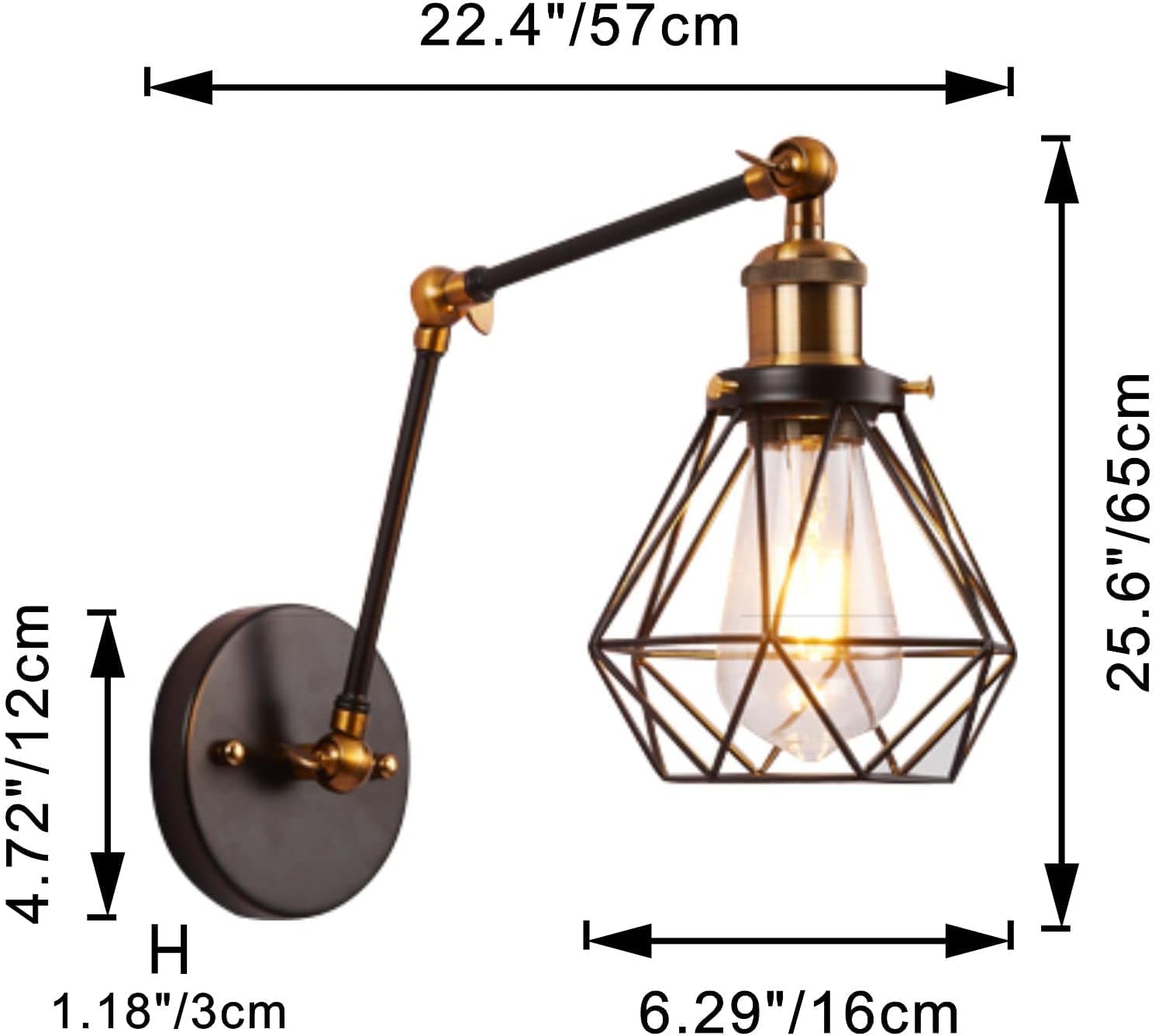 Kiven Battery Operated Wall Lamp, Industrial Wall Sconces, Warm White Wall Lighting Fixtures, Vintage Wall Mounted Lamp Set of 2 for Living Room Bedroom Hallway E26 Socket