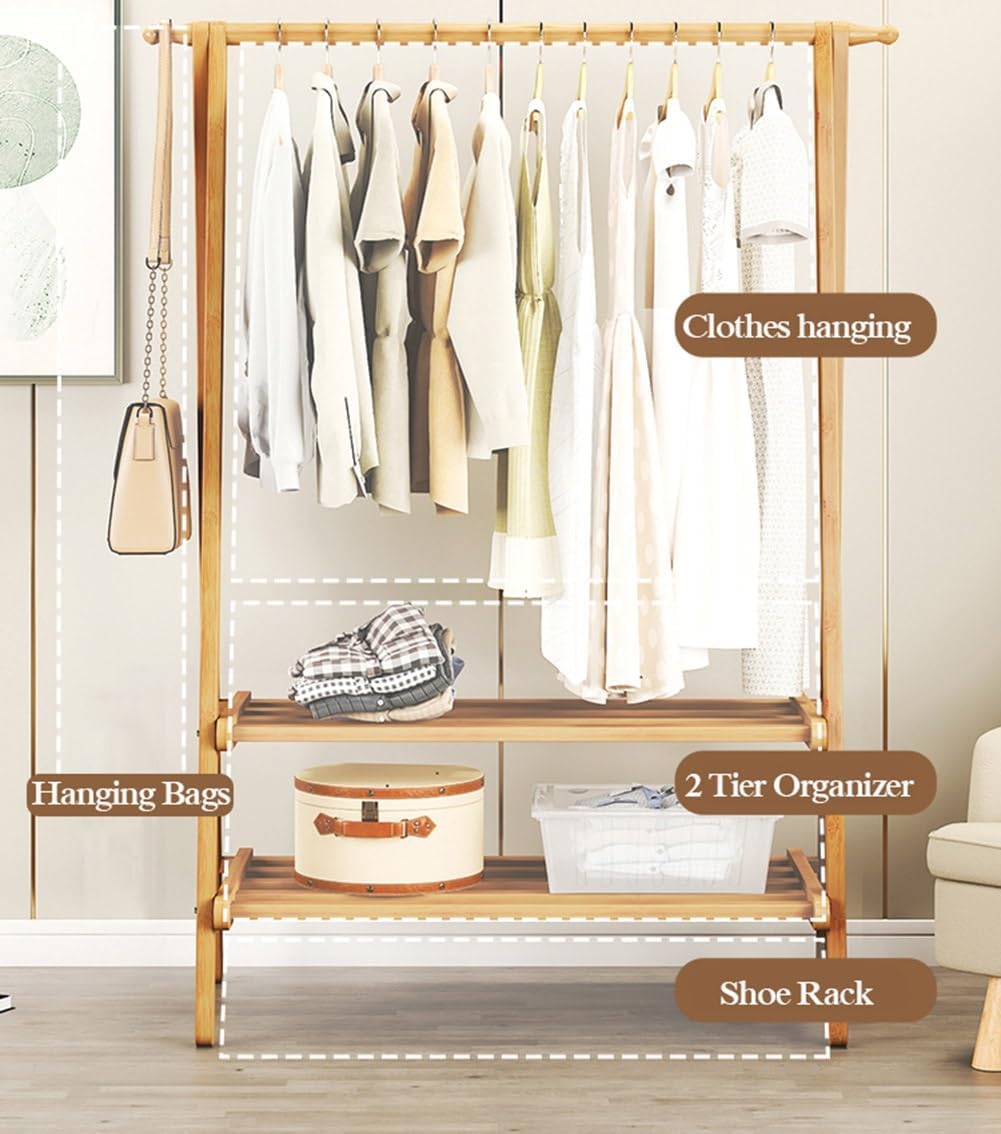 Bamboo Clothing Garment Rack Freestanding, Clothes Organization for Bedroom, Kids Room, Clothes Rail with 2 Shelves, Closet Display Rack(68x41x145cm)
