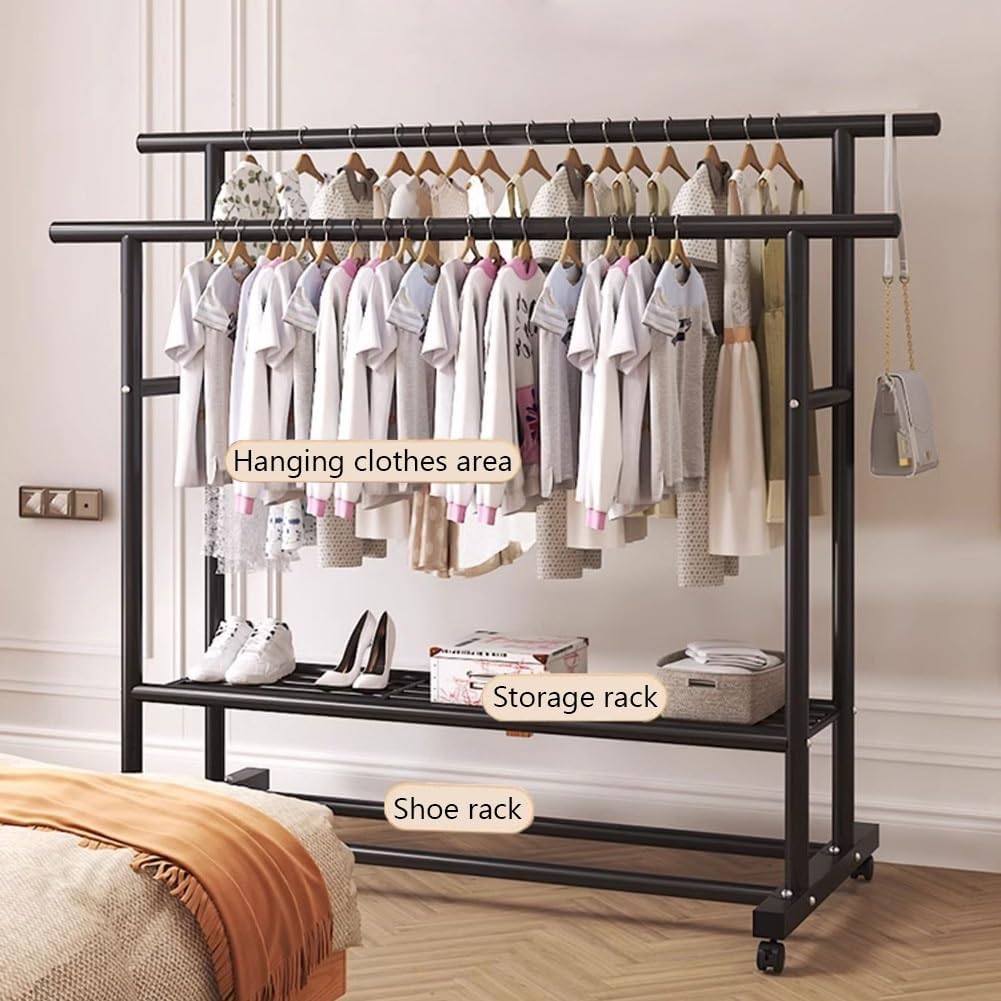 Freestanding Metal Bedroom Garment Rack with Wheels, Double Rods Multi-Functional Clothing Rack with Bottom Shelf, for Hanging Clothes, Coats, Skirts, Shirts, Sweaters(Black)