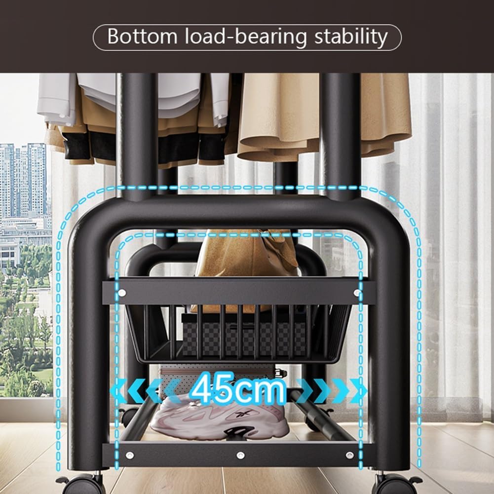Portable Multi-Functional Bedroom Double Rods Garment Rack, Freestanding Metal Clothing Hanger Rack with Storage Shelf and Hanging Hooks, for Coats, Shirts, Dress