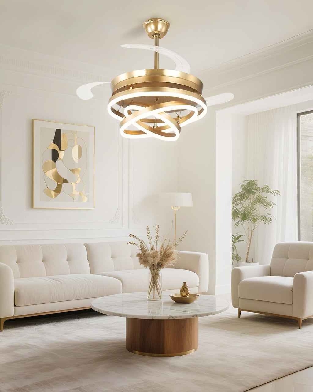 42 Inch Retractable Ceiling Fan with Lights, Gold Fandelier Chandelier Fan with Remote, 6-Speed Silent DC Motor, 3000K-6500K Dimmable LED Light, Modern Ceiling Fan for Bedroom Living Room Dining Room