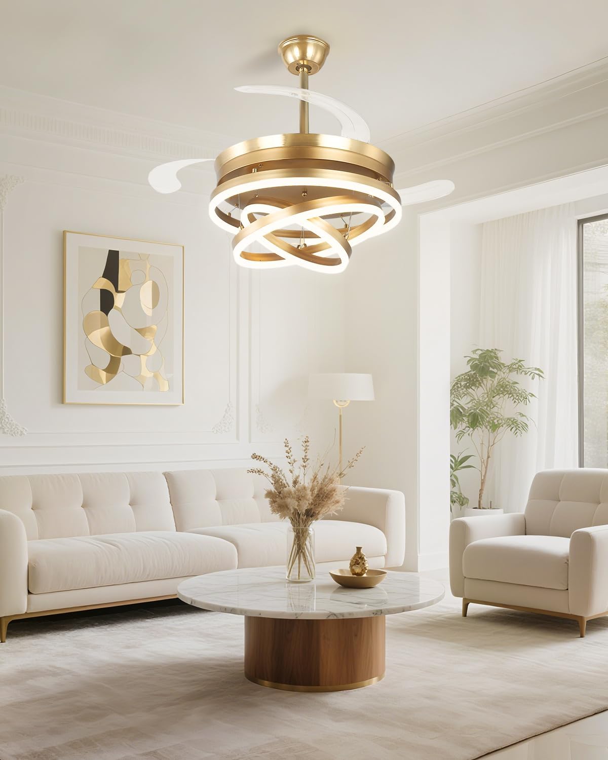 42 Inch Retractable Ceiling Fan with Lights, Gold Fandelier Chandelier Fan with Remote, 6-Speed Silent DC Motor, 3000K-6500K Dimmable LED Light, Modern Ceiling Fan for Bedroom Living Room Dining Room