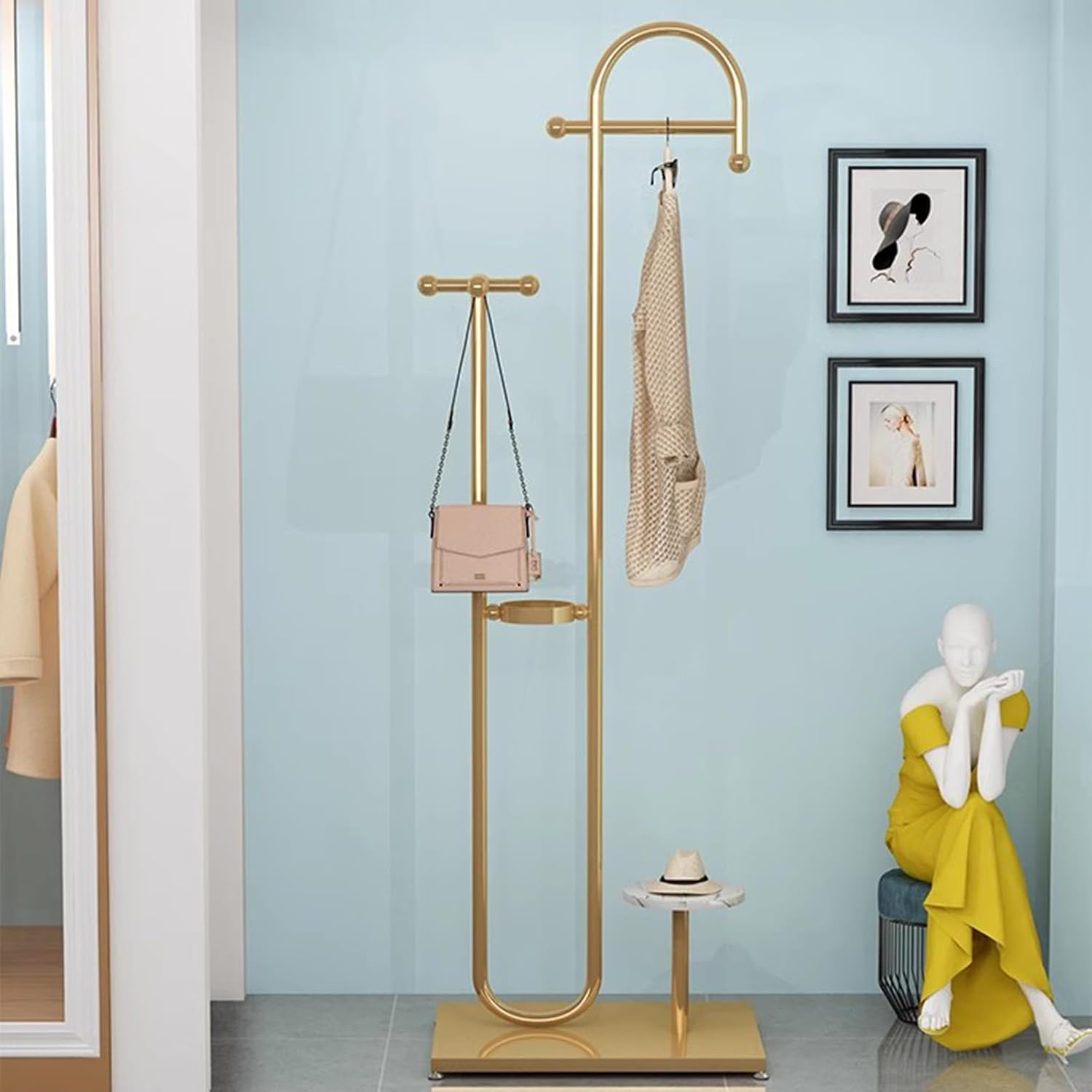 Heavy Duty Garment Rack Heavy Duty Metal Clothing Rack for Hanging Clothes, Bag, Freestanding Clothes Display Rack for Boutique Retail, Space Saving Coat Rack for Bedroom, Gold, 40x30x178CM