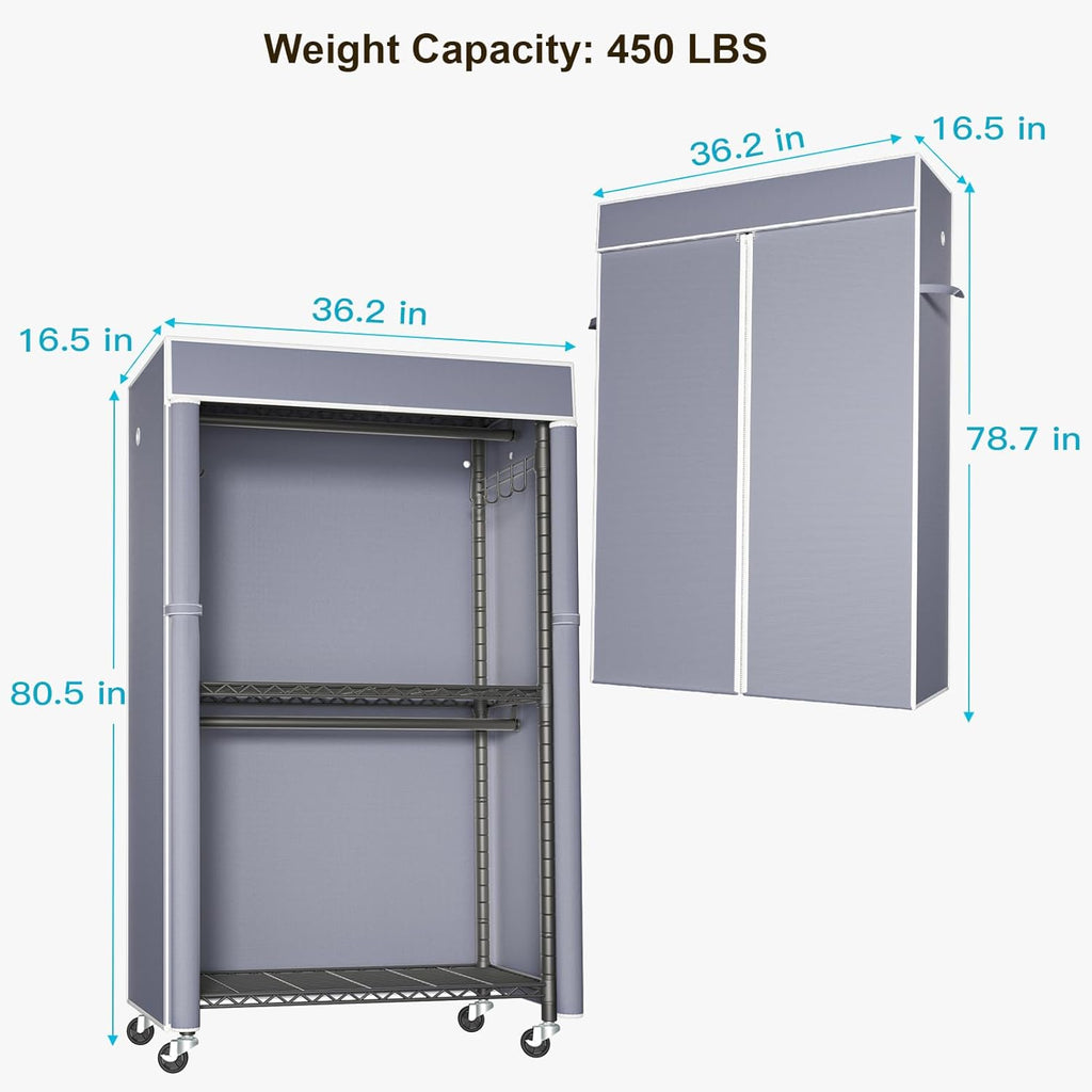 FUTASSI Black Clothing Rack with Grey Cover, P1C Rolling Closets with Wheels, Metal Garment Rack for Hanging Clothes, Clothing Storage Wardrobe, 36.2' W x 16.5' D x 80.5' H, Load 450 Pounds