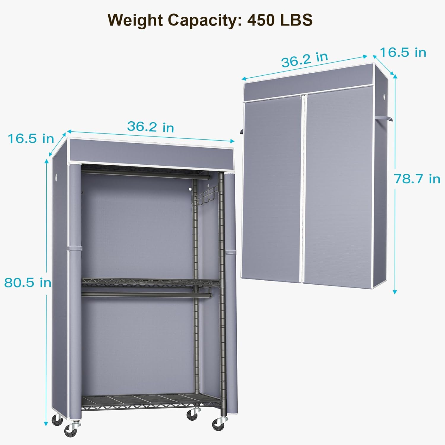 FUTASSI Black Clothing Rack with Grey Cover, P1C Rolling Closets with Wheels, Metal Garment Rack for Hanging Clothes, Clothing Storage Wardrobe, 36.2' W x 16.5' D x 80.5' H, Load 450 Pounds