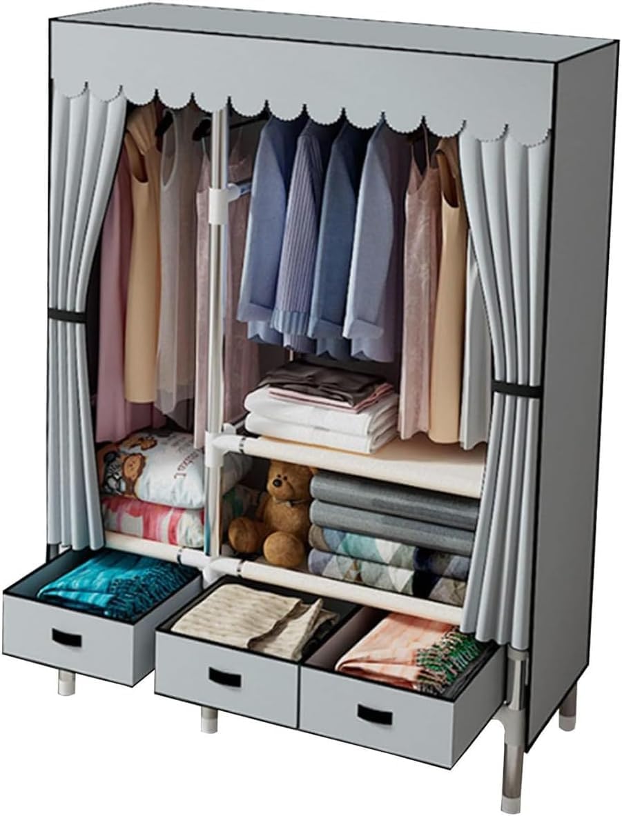Garment Rack Heavy Duty Clothes Rack with Cover Freestanding Metal Clothing Rack Portable Closet Wardrobe with 2 Hanging Rods and 3 Drawers for Bedroom (Color : Gray A, Size : 105x45x168cm)