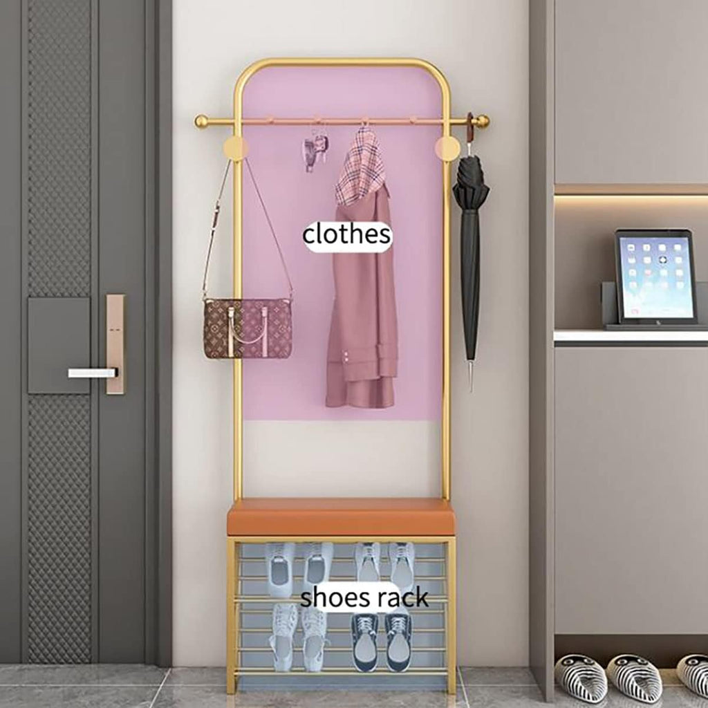 Generic Exquisite Clothes Rail Rack Freestanding Garment Rack With 8 Hooks Coat Rack With Shoe Shelf And Bench Hat Handbag Hanger For Narrow Hallway And Bedroom (Color : GoldB, Size : 60 * 20 * 178c