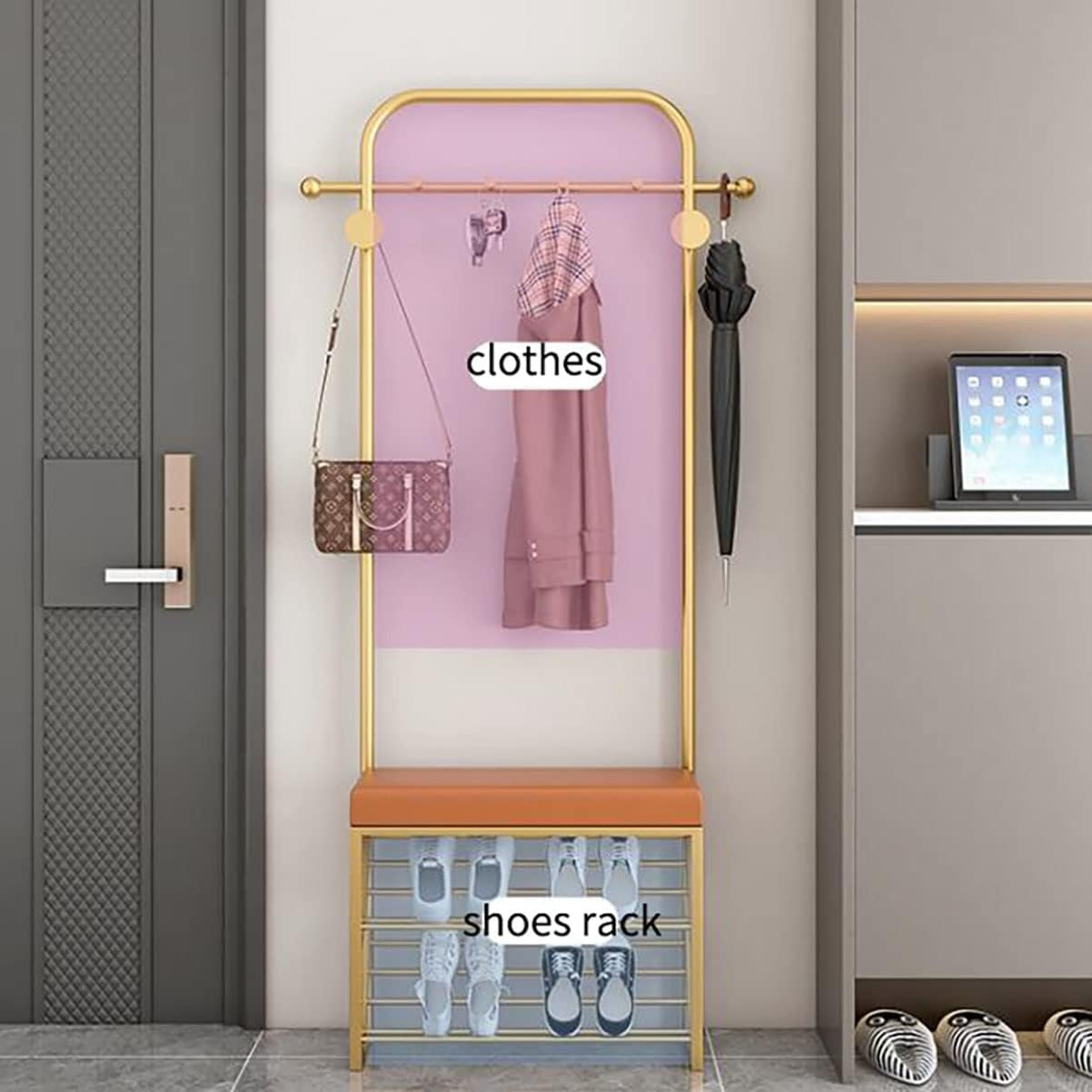 Generic Exquisite Clothes Rail Rack Freestanding Garment Rack With 8 Hooks Coat Rack With Shoe Shelf And Bench Hat Handbag Hanger For Narrow Hallway And Bedroom (Color : GoldB, Size : 60 * 20 * 178c