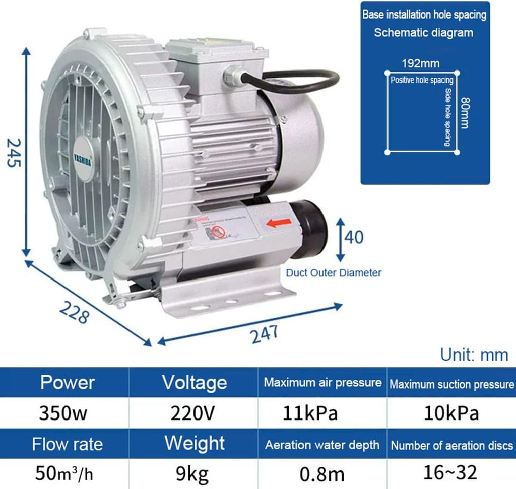 Regenerative Blower, High Pressure Vortex Ring Blower, Industrial Vacuum Pump, Fish Pond Aerator, 110V, 120W to 550W (250W)