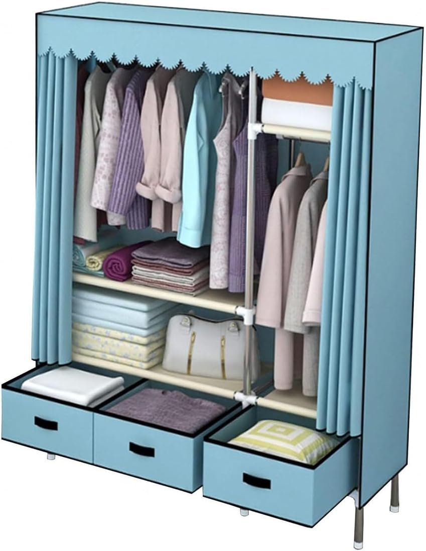 Garment Rack Heavy Duty Clothes Rack With Cover Freestanding Metal Clothing Rack Portable Closet Wardrobe With 2 Hanging Rods And 3 Drawers For Bedroom (Color : Blue, Size : 125x45x168cm)