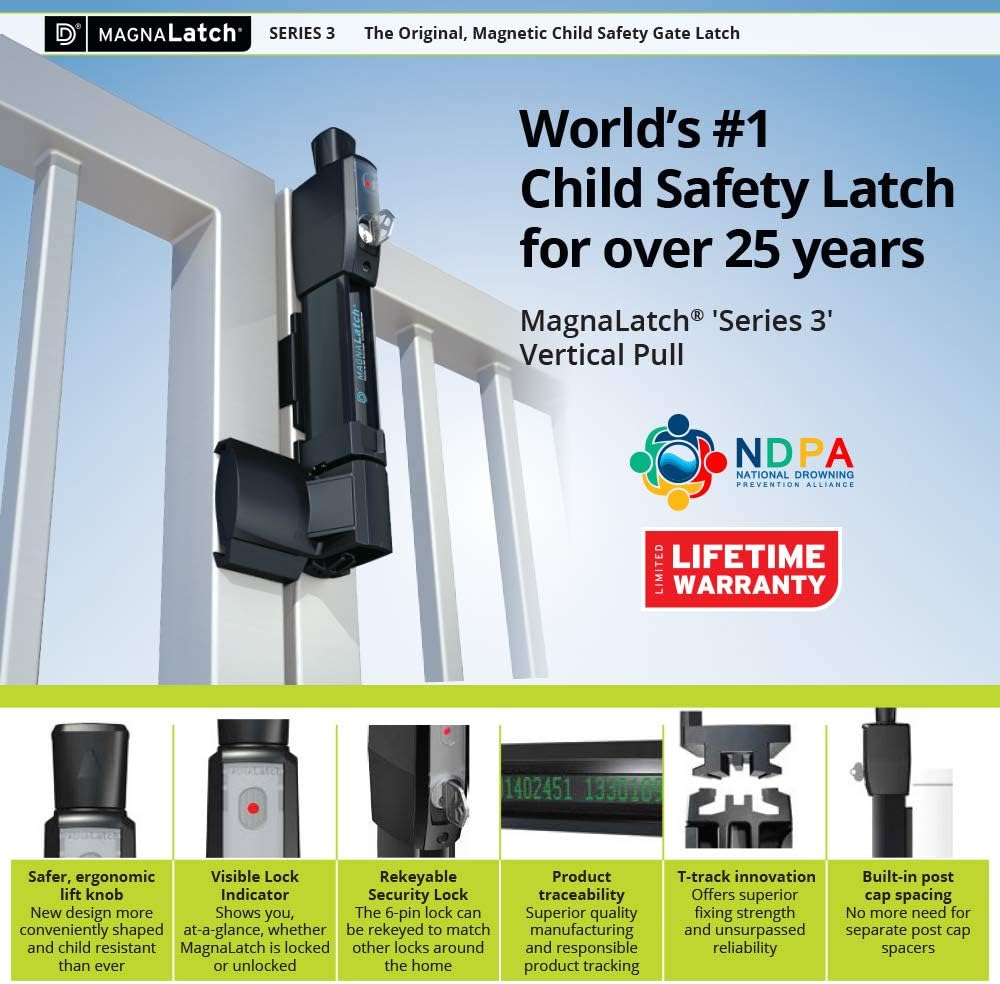 D&D Technologies ML3VPKA+ML3RPK MagnaLatch Vertical Pull 12-inch Gate Latch with Round Post Adaptor Kit for Round Posts, Child & Pet Safety Magnetic Gate Latch, Weather-Resistant Hardware, Black