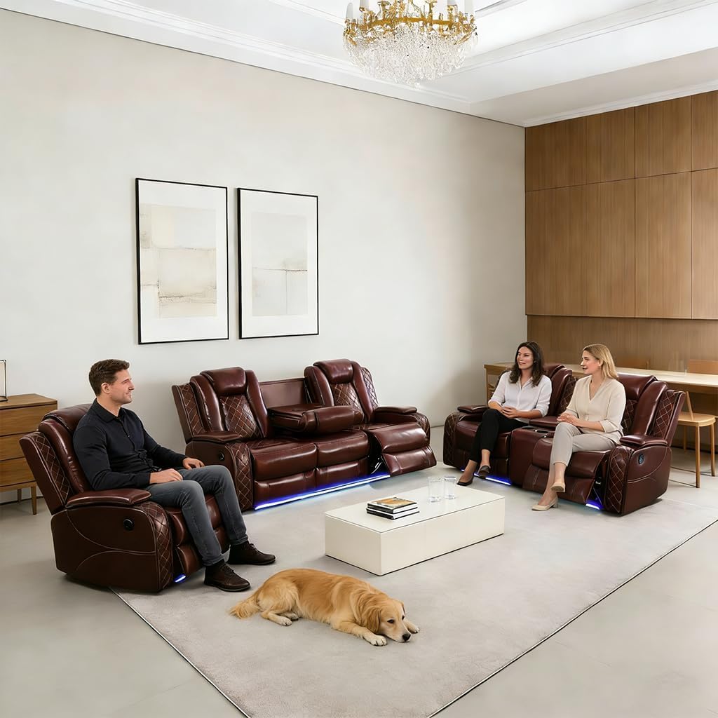Pon Living Luxurious Leather Reclining Sofa Set with LED, Power Recliner Sofa Set, Living Room Furniture Sets with Cup Holders/USB Port & Storage Consoles for House/Home Theater