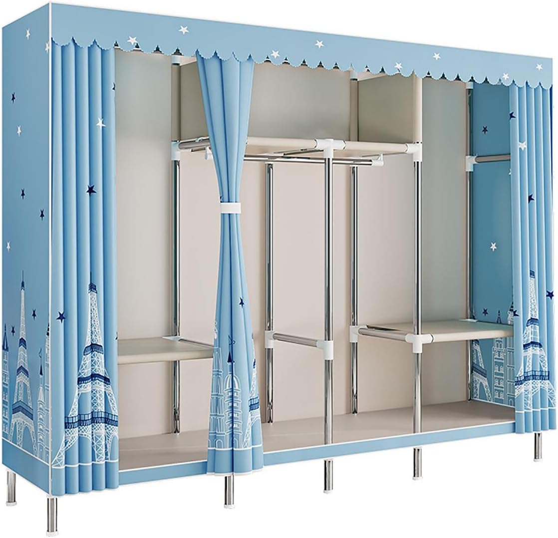 Free Standing Heavy Duty Wardrobe Closet for Bedroom 3 Tiers Garment Racks with Cover Metal Large Clothing Rack for Hanging Clothes (Color : Blue-1, Size : 245x45x172cm)