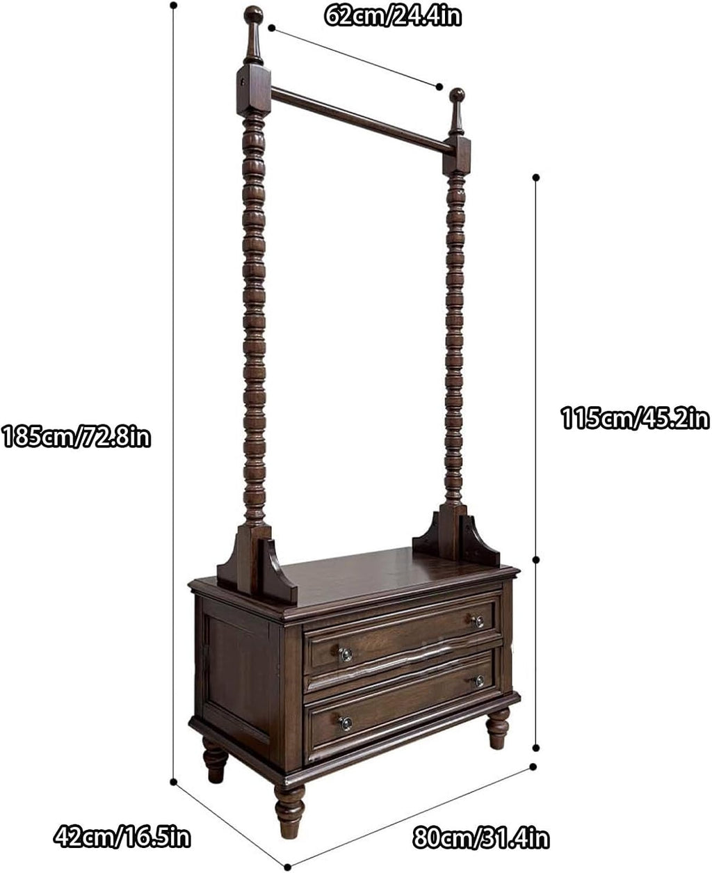 Clothes Rack, Solid Wood Clothing Rack, with 2 Drawers, Coat Hanger, Floor-standing Garment Racks, for Hanging Shirts, Jackets, Coat(Black)