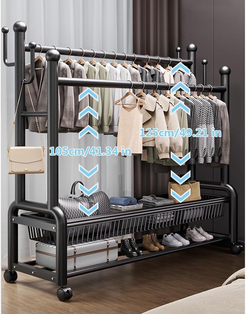 Freestanding Multi-functional Metal Garment Rack on Wheels, Portable Clothing Rack with Shelf and Hooks, for Coats, Shirts, Dress, Used in Cloakroom, Bedroom