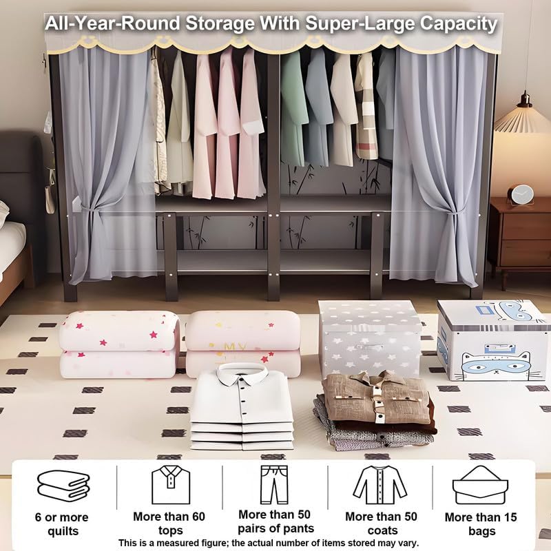 49.2in Heavy Duty Clothes Rack with Black Cover Foldable Covered Clothes Rack for Hanging Clothes Portable Wardrobe Closet System Freestanding Coat Storage Garment Racks for Bedroom (Black, 49.2in)
