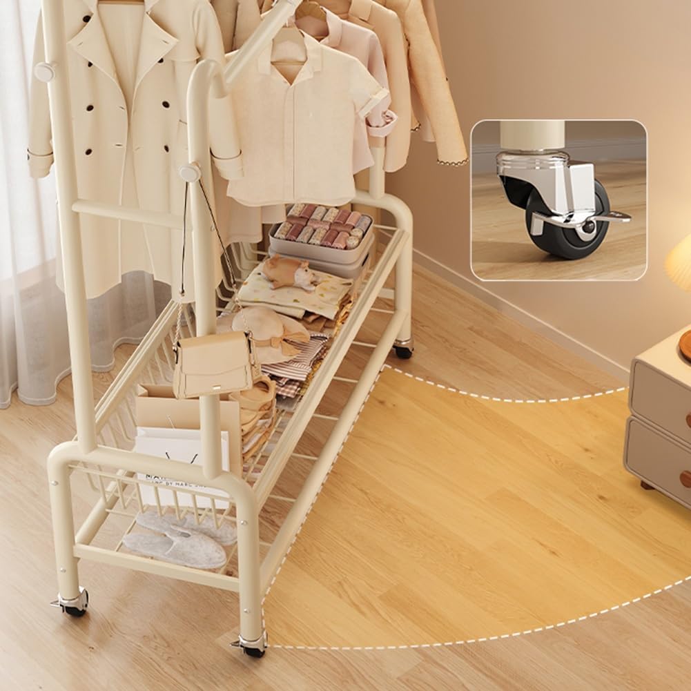 Multifunctional Bedroom Garment Rack on Wheels, Freestanding Clothing Organizer Rack, with Bottom Shelf and Hooks, for Coats, Shirts, Dress