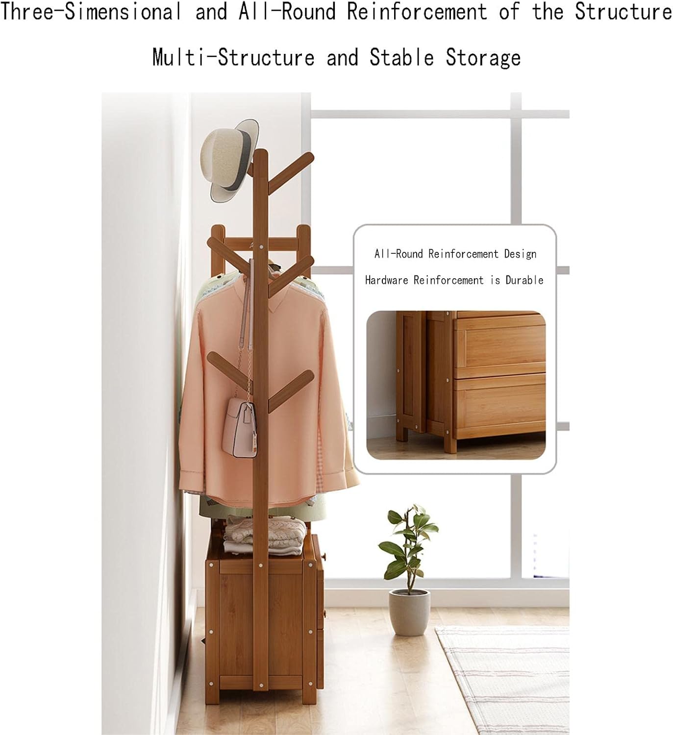 Bamboo Clothes Rack with 2 Storage Shelves and 6 Hooks Portable Extra Large Freestanding Garment Rack for Bedroom and Living Room 70x37x146cm
