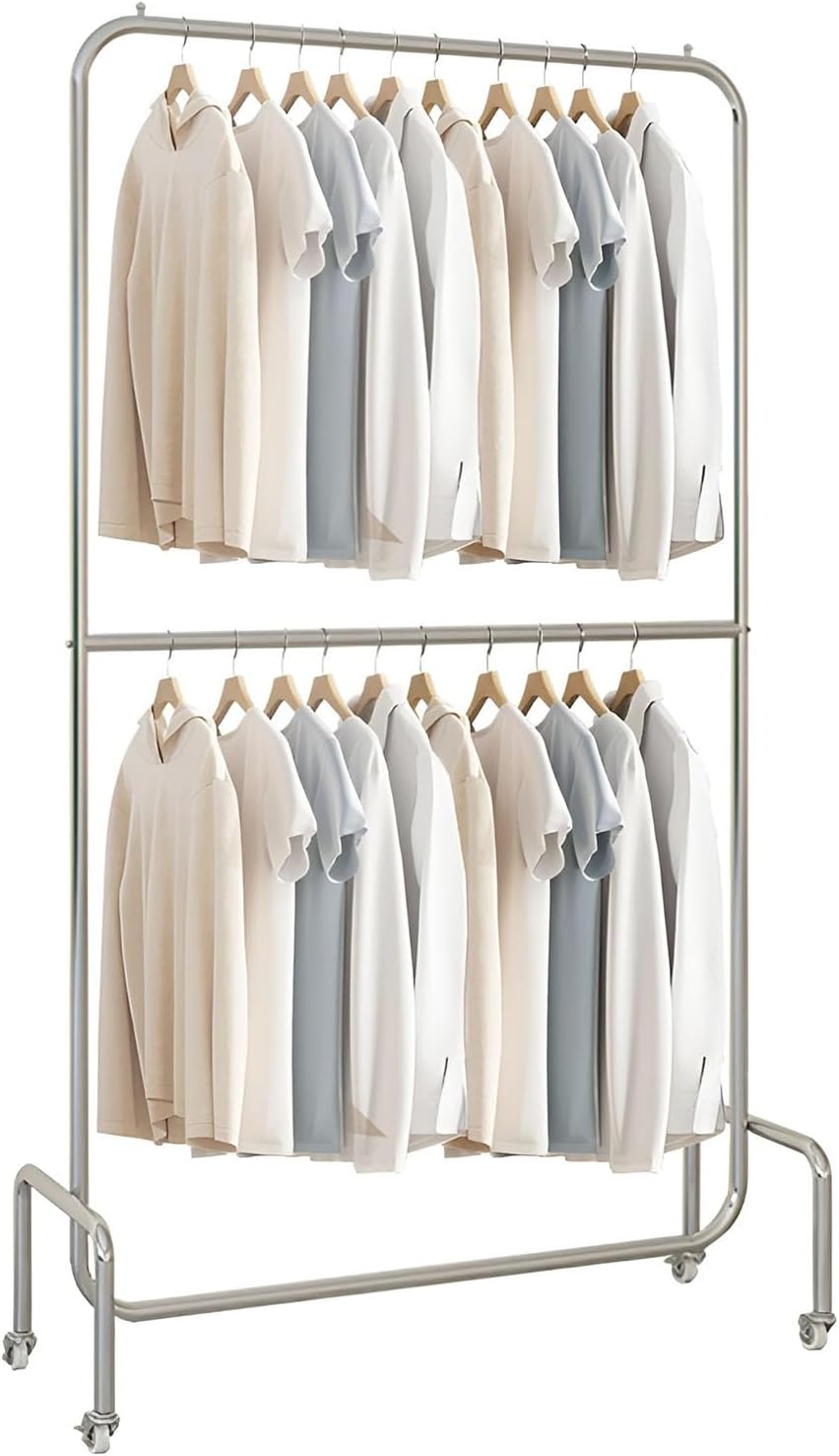 Doubl Rod Clothes Rack with Wheels, Height-adjustable Center Pole, Silver Stainless Steel Garment Rack for Shirts, Coats, Jackets(100 x 40 x 170 cm)
