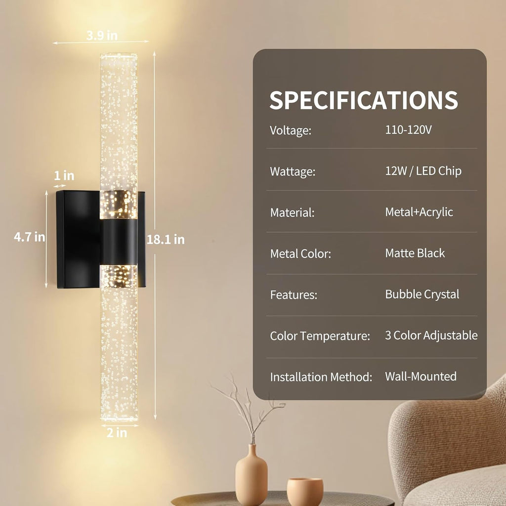 Black Modern LED Wall Sconces Set of Two 3000K-6000K Crystal Bathroom Sconce Lights 12W LED Vanity Light Bar Wall Lights for Bedroom Living Room, 18 Inch, 3 Color Temperature Adjust