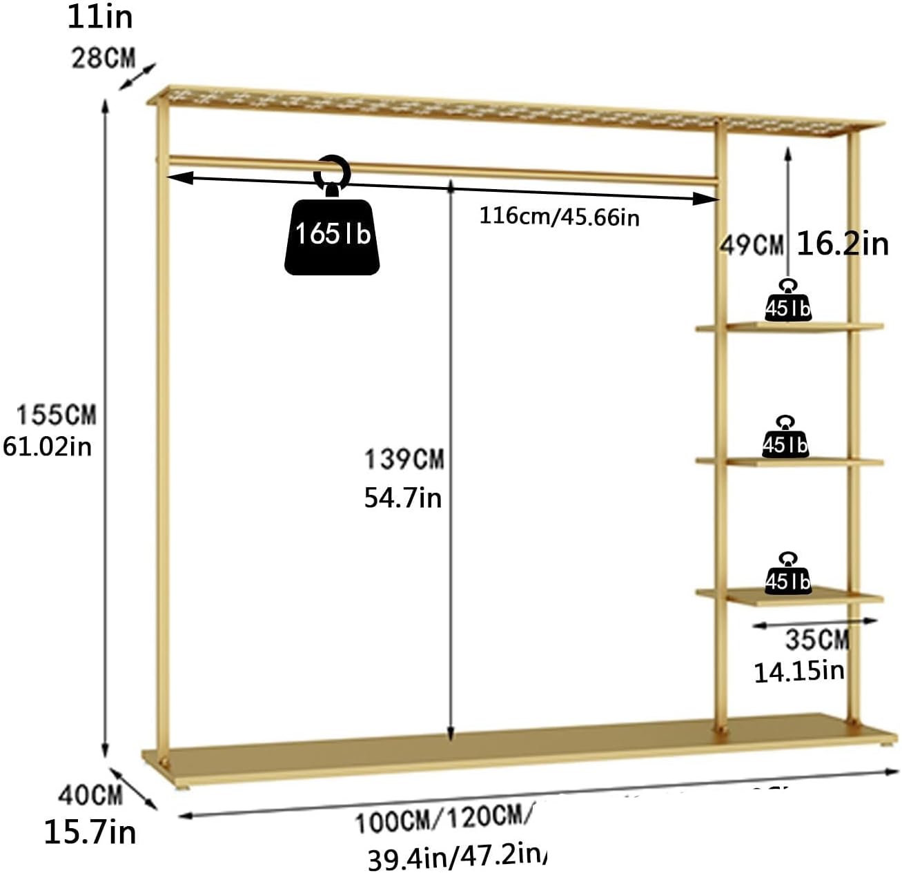 Hangers Display Stand - Garment Rack with Shelf, Metal Clothing Rack Free Standing Closet Organizer with 5 Tier Shelf,Large Clothing Display Stand for Home(One Color-L100cm