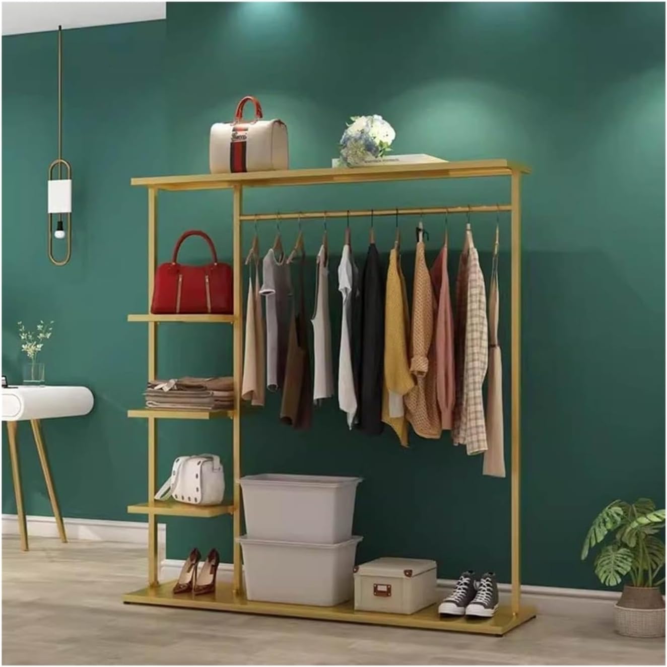 Metal Clothes Rack with 5-Tier Shelves, Heavy Duty Free-Standing Garment Racks Clothing Rack with Shelves Clothes Organizer for Boutique Store(Gold,120x35x155cm)