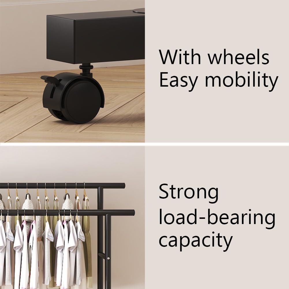 Freestanding Metal Bedroom Garment Rack with Wheels, Double Rods Multi-Functional Clothing Rack with Bottom Shelf, for Hanging Clothes, Coats, Skirts, Shirts, Sweaters(Black)