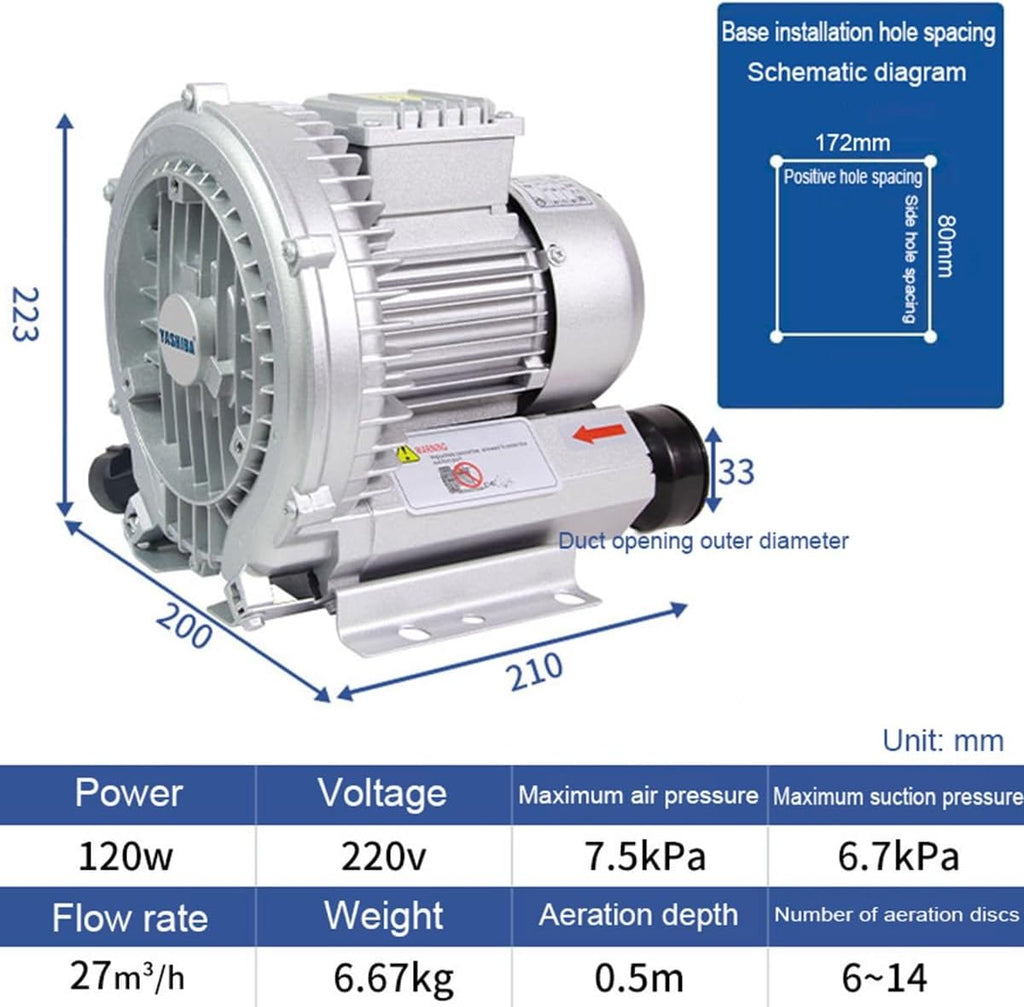 Regenerative Blower, High Pressure Vortex Ring Blower, Industrial Vacuum Pump, Fish Pond Aerator, 110V, 120W to 550W (250W)