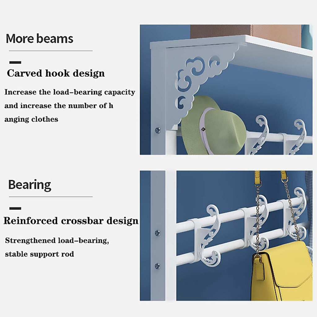 Exquisite Clothes Rail Rack Coat Rack with Shoe Shelf Bench, Freestanding Garment Rack with 8 Hooks Industrial Hat Handbag Hanger for Narrow Hallway, Bedroom (Color : WHITE, Size : 80x30x172