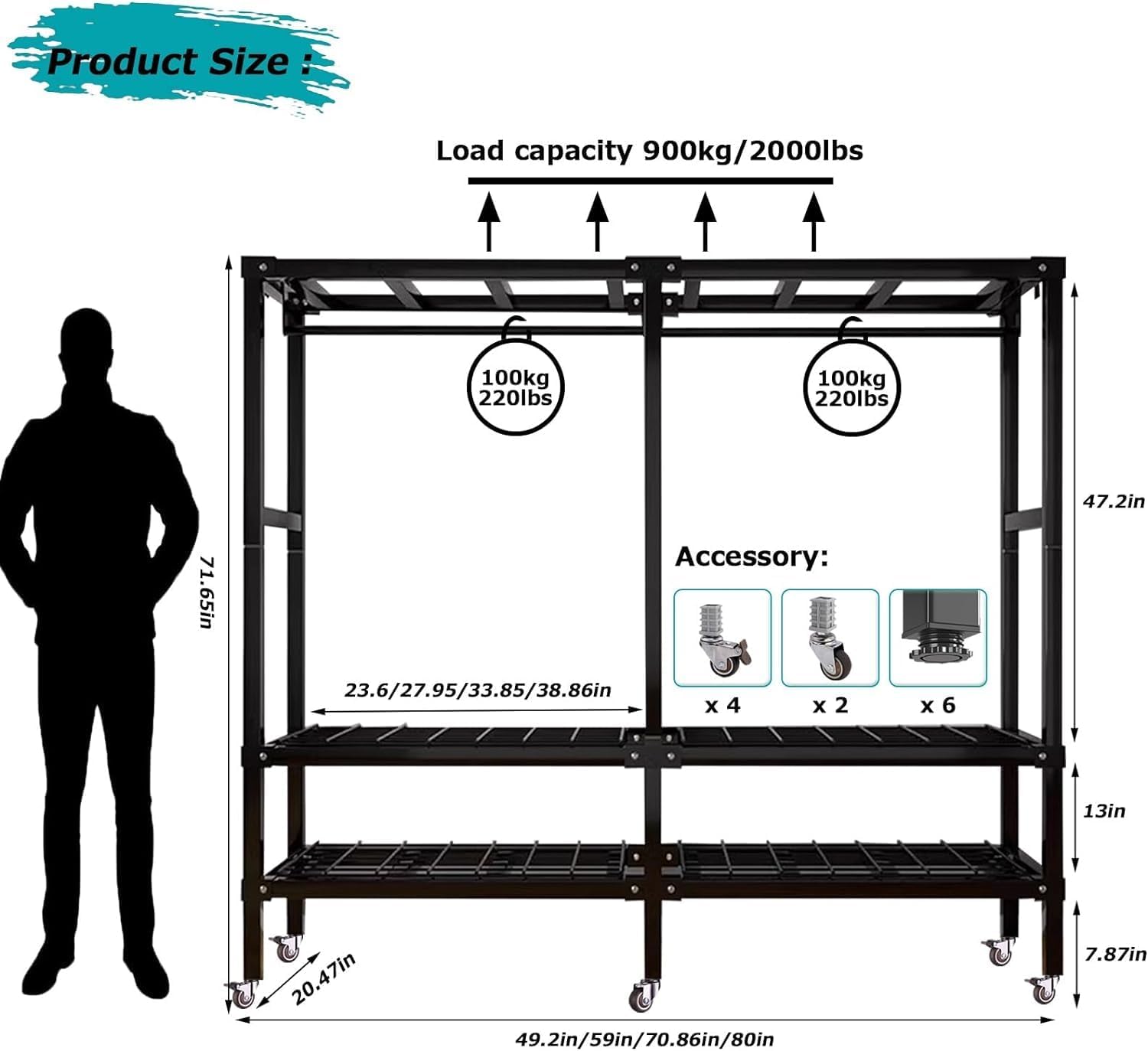 Heavy Duty Metal Clothing Rack With Wheel Max 2000lbs Foldable Covered Garment Rack Freestanding Armoires Portable Wardrobe Closets For Bedroom, 2 Hanging Rods,cotton Cover (Size : 59in)