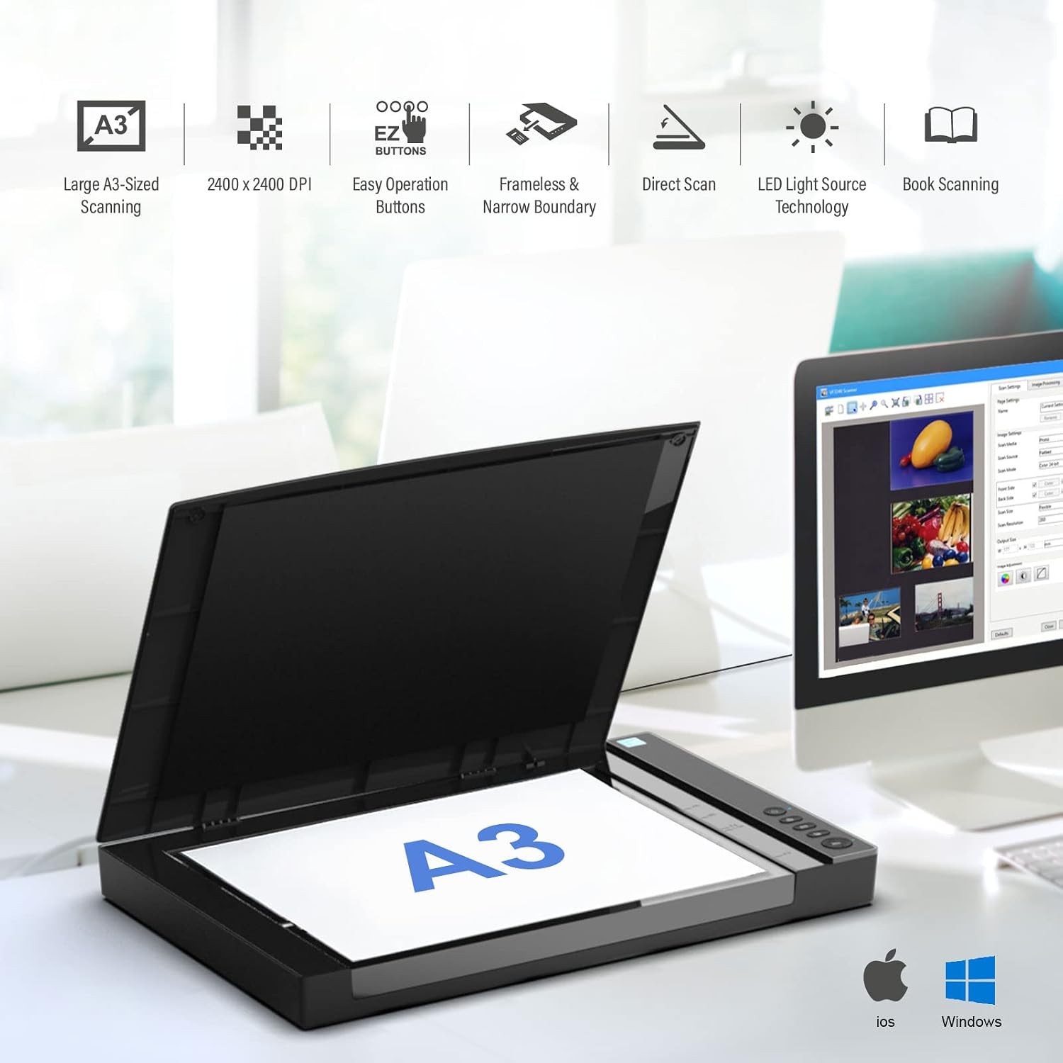 VIISAN VF3240 A3 Scanner - Fastest 4-Second Scan (200dpi, A3 Color), 2400 DPI High Resolution, Frameless Auto-Scan for CAD & Business