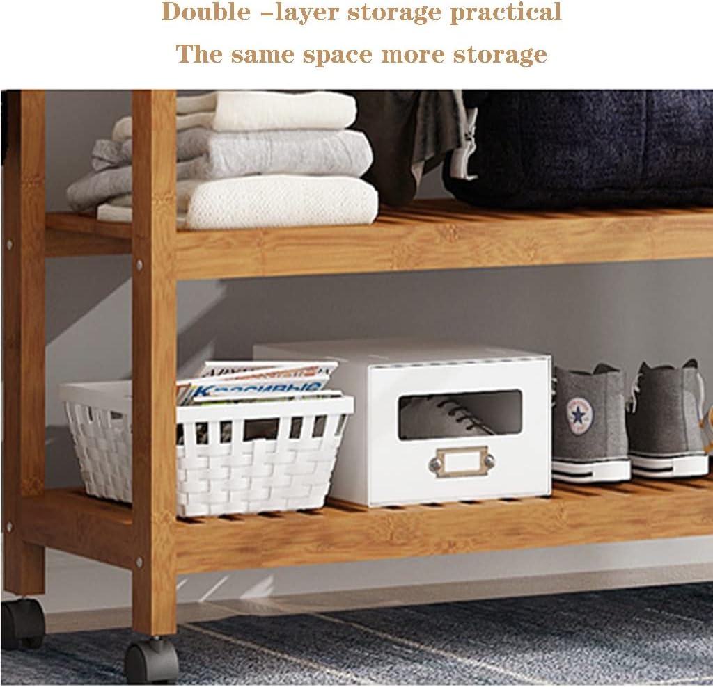 Heavy Clothes Rails Shoe Bench Coat Stand Rack Hanger Wooden Coat Rack Freestanding Garment Rack With 2 Storage Shelves And 4 Hooks, Coat Rack With Curtain On Wheels For Entryway, Hallway, B