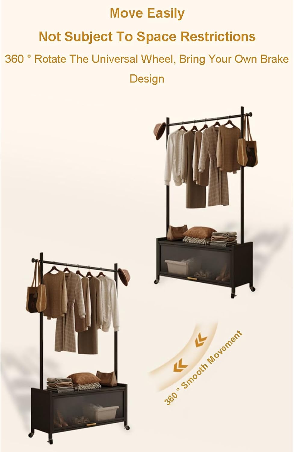 Metal Clothes Rack Nordic Modern Clothing Rack w/Lockable Wheels & Storage Cabinet Heavy Duty Metal Wardrobe Garment Rack for Hanging Shirts Jackets Pants