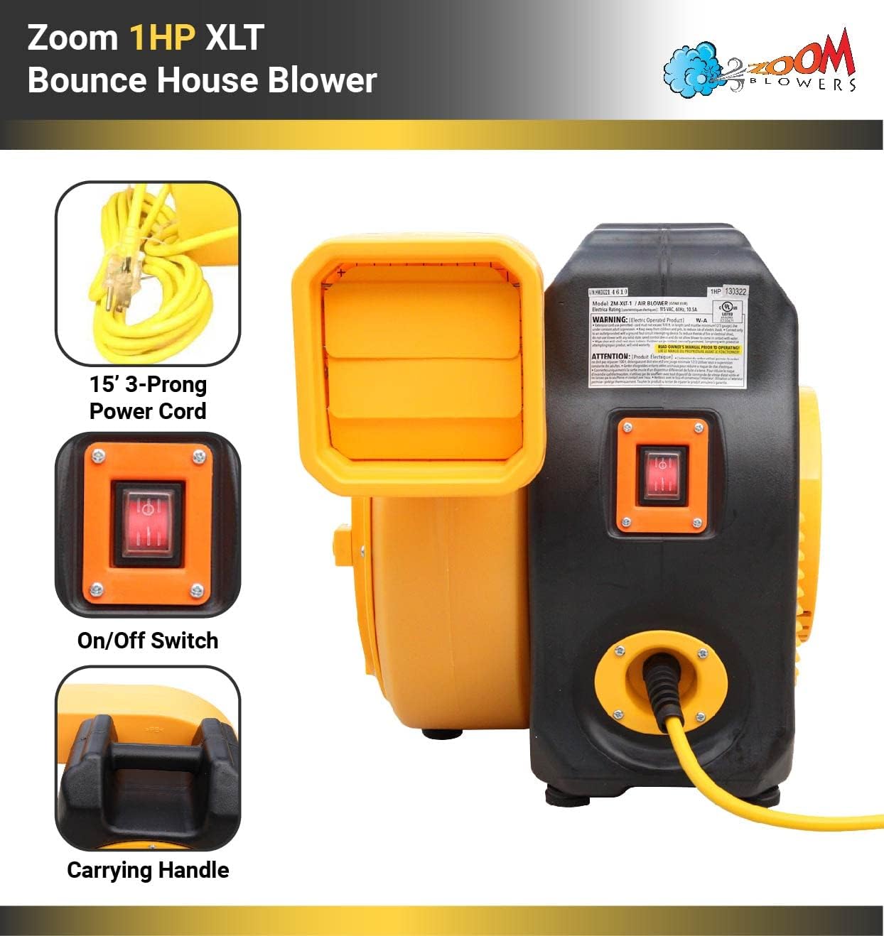 Zoom Blowers XLT Inflatable Bounce House Blower for Bouncy Jump Castle, Water Slides, and Obstacle Course, Electric, Energy Efficient, Low Amp Draw, Commercial-Grade