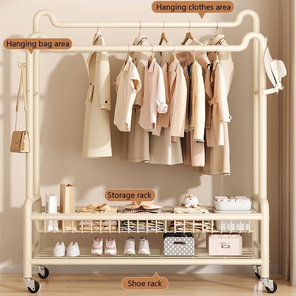 Multifunctional Bedroom Garment Rack on Wheels, Freestanding Clothing Organizer Rack, with Bottom Shelf and Hooks, for Coats, Shirts, Dress