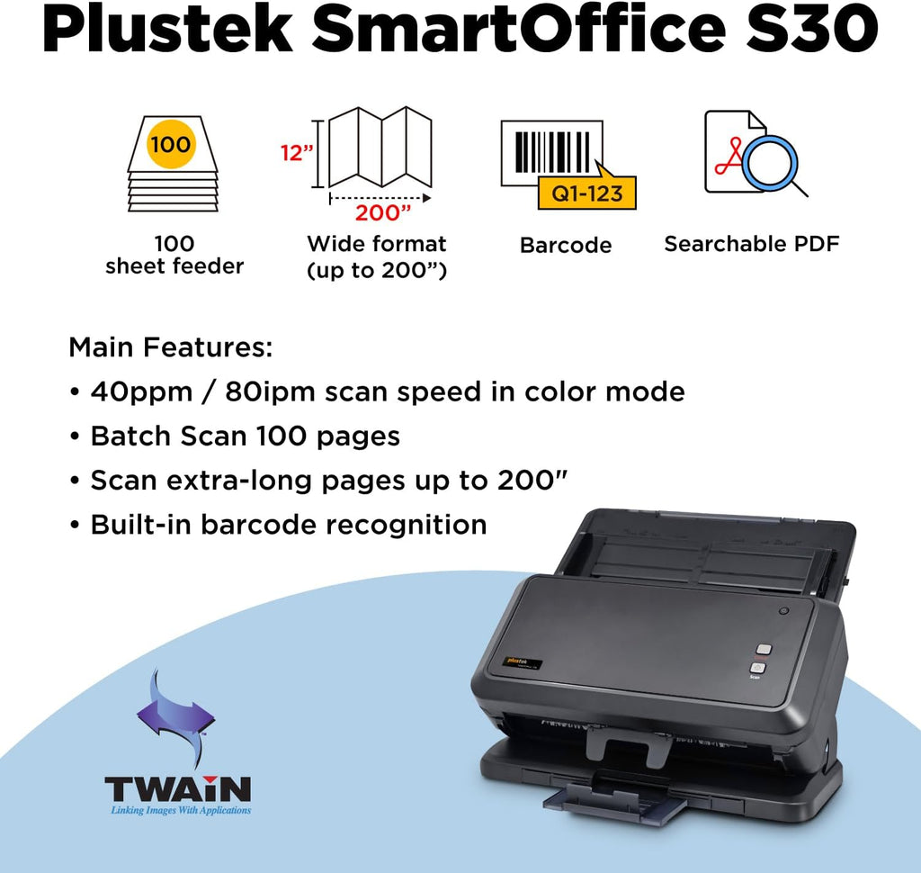 Plustek Wide-Format Color Duplex Document Scanner S30, for Large-Format Document Scan, Scans Wide Up to 12' and Long Up to 200', 100-Sheet Duplex Auto Document Feeder