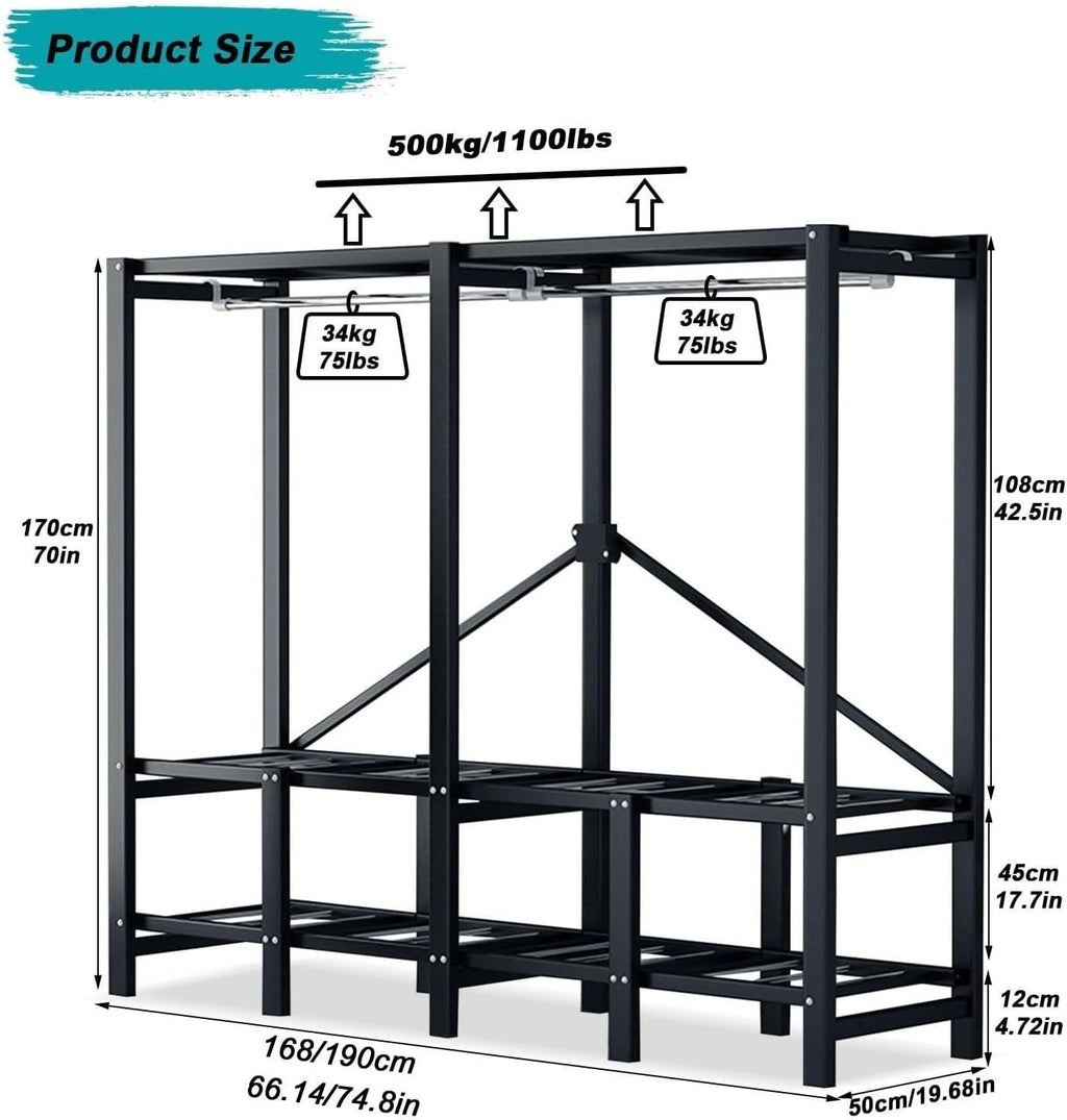 Metal Wardrobe Closet - Bedroom Fabric Wardrobe, Portable Wardrobe Closet Rack, Heavy-Duty Foldable Garment Rack with Cover, 1100lbs, Freestanding Rack Clothes Organizer Sys
