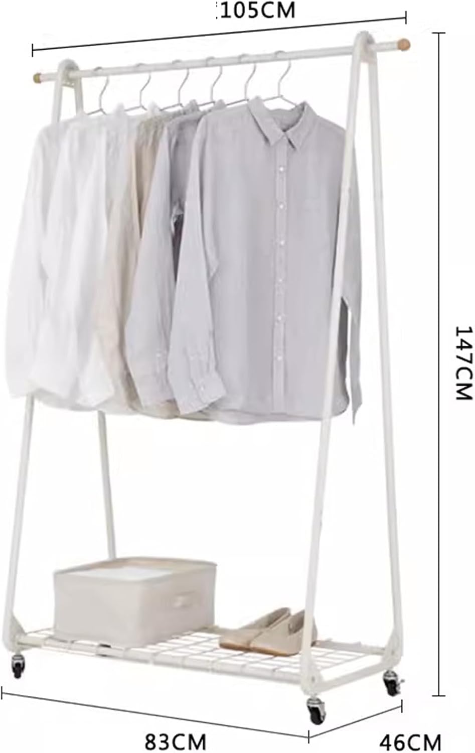 Heavy duty Garment rack 2-in-1 Metal Clothing Rack With Storage Rack, Portable Clothes Organizer Stand On Wheels, Freestanding Coat Rack For Bedroom, Laundry Room And Living-room, White, 83X46X147CM